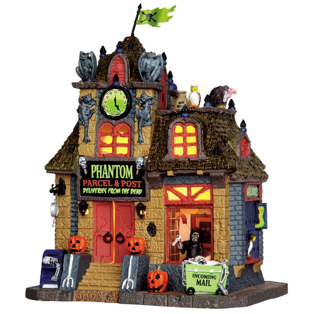Porcelain building for a Lemax display. Designed to look like a post office decorated with gargoyles, skeletons, owls, vultures, carved pumpkins and a skeleton sorting mail.