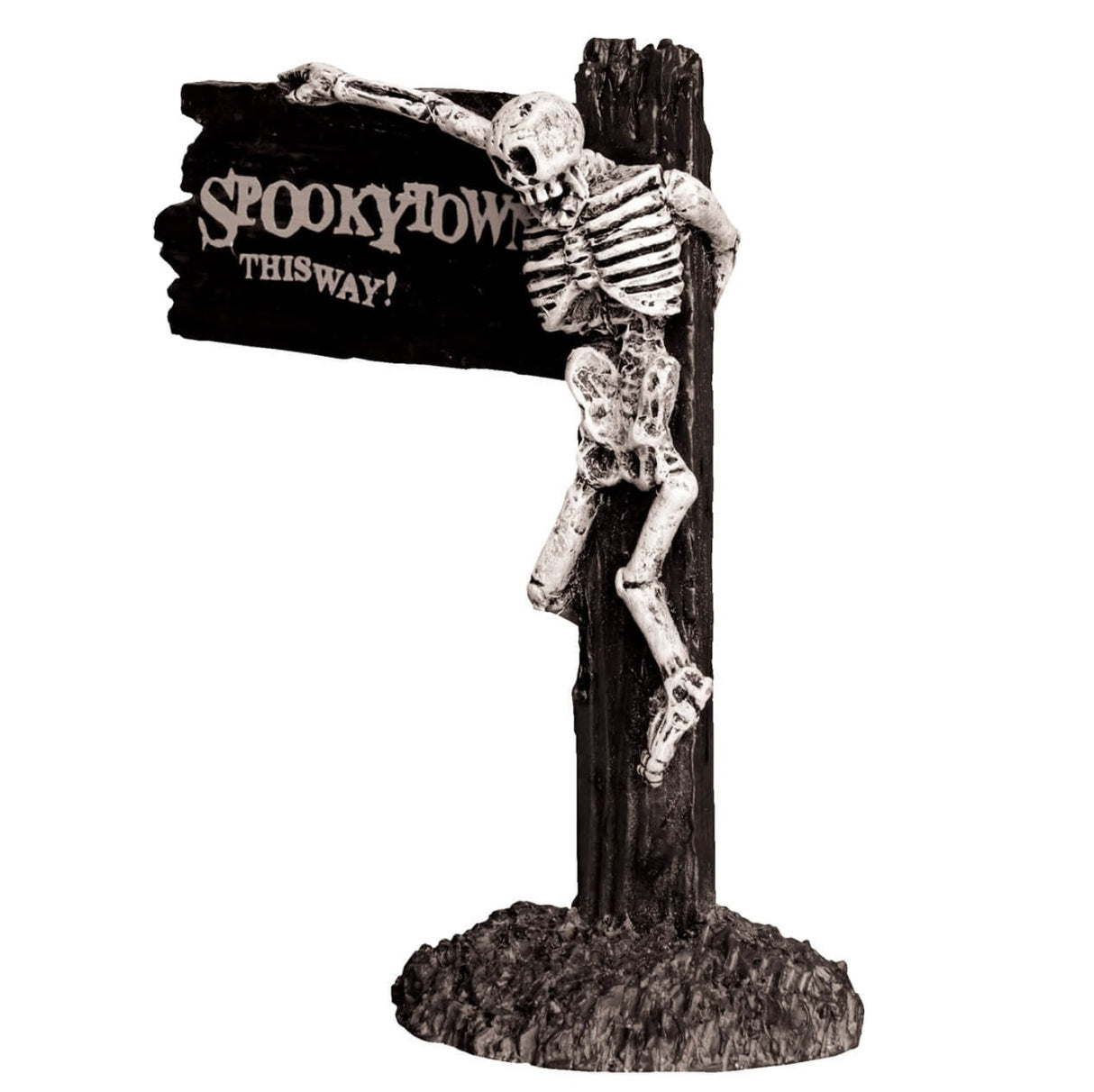 Polyresin figurine for a Lemax display. Designed to look like a sign that reads "SPOOKY TOWN THIS WAY!" There's a skeleton hanging from the sign.