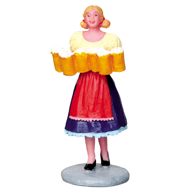 Polyresin figurine for a Lemax Village display. Designed to look like a woman carrying six mugs of beer. She's wearing a yellow and purple dress and a red apron.