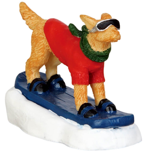 Polyresin figurine for a Lemax Village display. Designed to look like a dog wearing a red sweater, a green scarf and snow goggles while riding a snowboard in the snow.