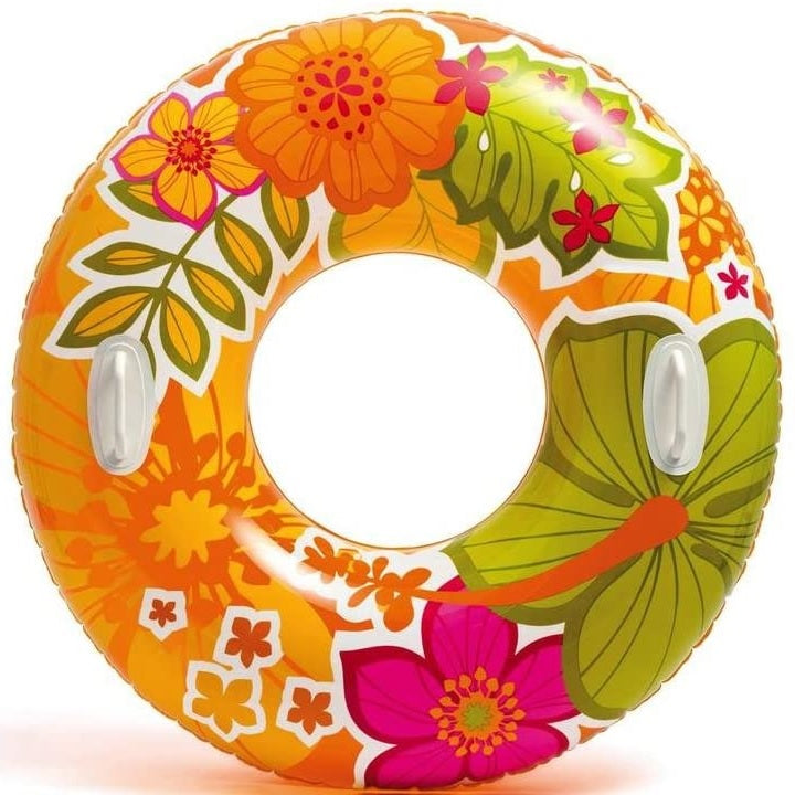 Inner tube detailed with pink and orange flowers with green leaves.