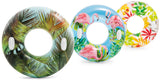 Colorful inner tube options. One has colorful leaves, one has pink flamingos and one has tropical leaves.