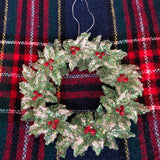 5" Vintage Green Glitter Holly Wreath Ornament