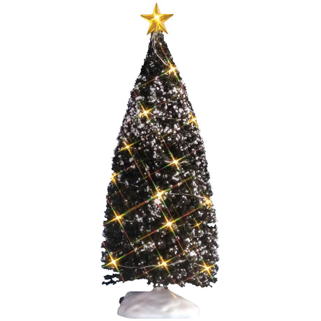 Lemax village accessory designed to look like a snow-covered tree that has yellow lights on it and a yellow star on top.