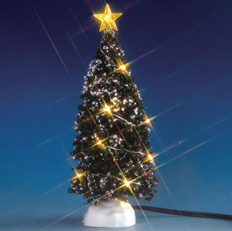 Lemax village accessory designed to look like a snow-covered tree that has yellow lights on it and a yellow star on top.