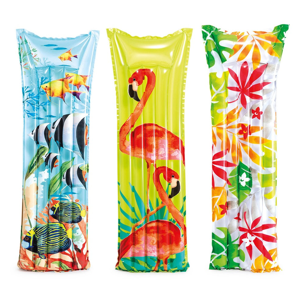 Colorful pool mattresses with different designs.