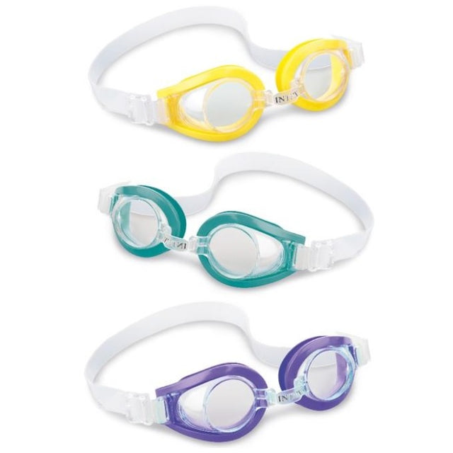 Three swimming goggles. One is yellow, one is green and one is purple.
