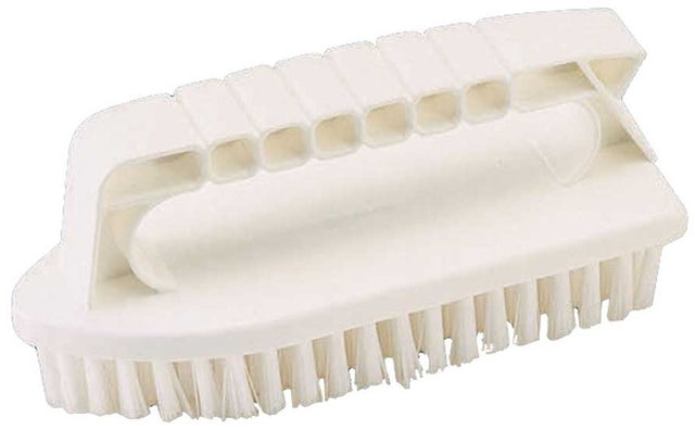 Handheld pool brush with nylon bristles.