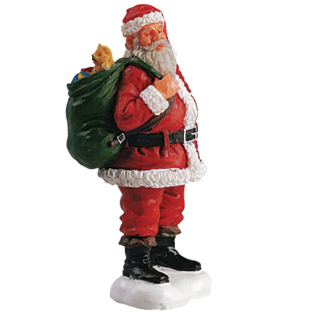 Polyresin figurine for a Lemax display. Designed to look like Santa Claus wearing his traditional garb. He's holding a dark green sack full of presents and teddy bears.
