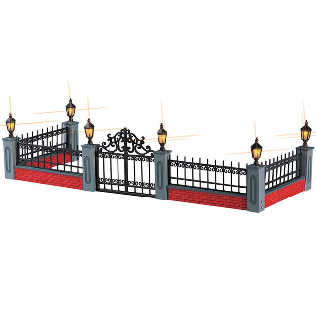Plastic village accessory for a Lemax display. Designed to look like a regal, red brick and black metal fence with gray columns. There are lights on top of the columns.