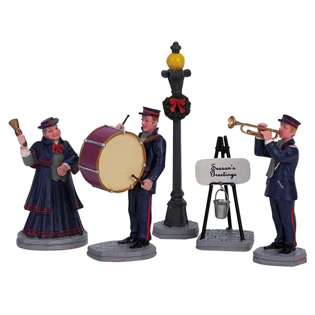 Polyresin figurines for a Lemax display. Designed to look like a few members of a marching band performing on a sidewalk near a lamppost decorated with a wreath. There's a bell player, a drummer and a trumpeter. 