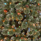 Artificial tree pre-lit with dual lights. Lights change from warm white to multi-colored. Branches are covered in white glitter.