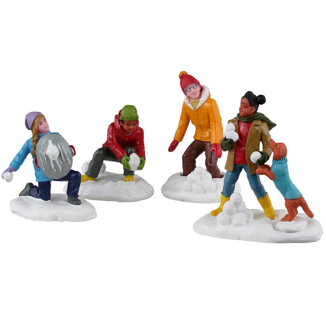 Resin figurines for a Lemax display. Designed to look like four people in a snowball fight. There's a dog wearing a sweater trying to join in.