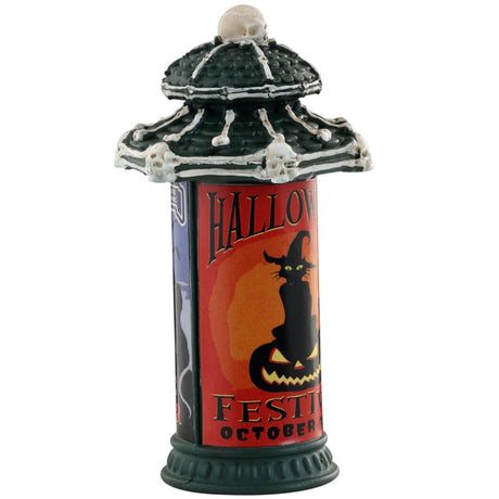 Plastic village accessory for a Spooky Town Lemax display. Designed to look like a sign made out of bones. They're advertising a Halloween Festival.