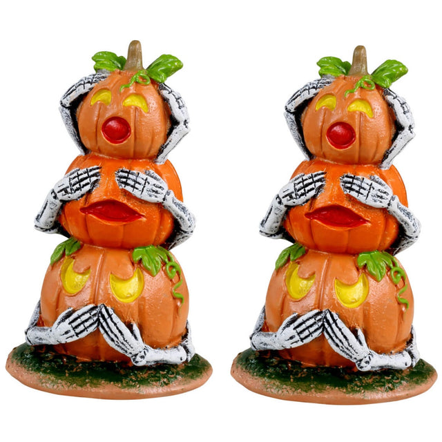 Resin village accessories for a Lemax Spooky Town display. Designed to look like two pumpkin snowmen. Each pumpkin has a set of skeleton arms. They're designed to look like "Hear no evil, see no evil, speak no evil."