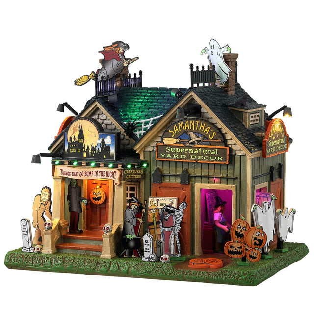 Resin lighted building for a Lemax display. Designed to look like a shack full of Halloween decorations. There are skeletons, ghosts, witches, werewolves, Frankenstein, etc.