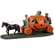 Resin village accent for a Lemax Spooky Town display. Designed to look like a wagon made out of a carved pumpkin. The wheels are small pumpkins. There's a pumpkin man holding the reins of the horse leading the way. There are two monsters sitting on the back.