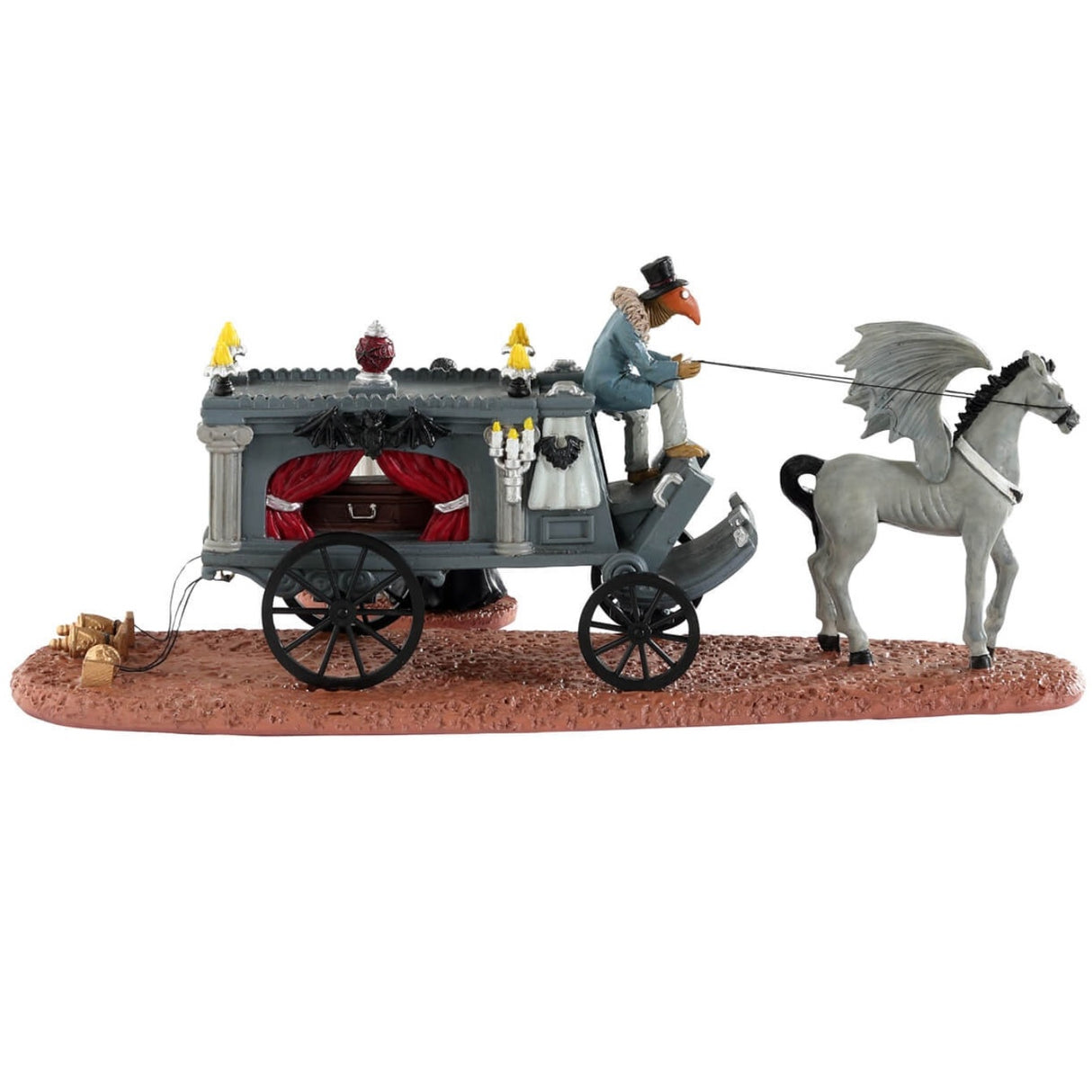 Resin table accent for a Lemax Spooky Town Village display. Designed to look like a wagon carrying a coffin. The wagon is being pulled by a horse with wings. There's a vampire couple that have just gotten married standing outside.