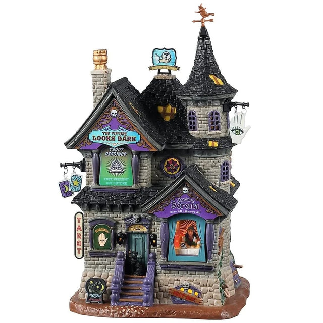 Porcelain lighted building for a Lemax display. Designed to look like a tall, brick building. Serena is staring out the window. There's a sign on the side that reads "TAROT." 