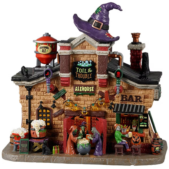 Porcelain lighted building for a Lemax display. Designed to look like a large, brick bar. There are three witches standing on front of a cauldron. There are barrels of beer. There's a window leading to the bar and a skeleton ordering drinks. There are pumpkin lights and a giant purple witch hat on the roof.