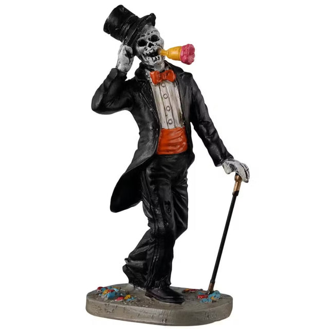 Resin figurine for a Lemax Spooky Town display. Designed to look like a skeleton wearing a tuxedo and a top hat. He has a red bowtie, a red cummerbund and is using a black and gold cane. He has a flower in his mouth.