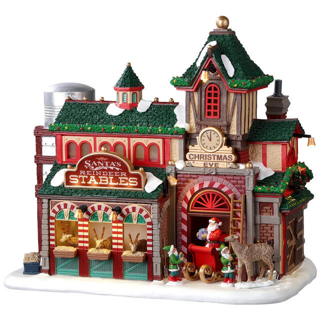 Resin lighted building for a Lemax display. Designed to look like Santa's Reindeer Stables. There are reindeer eating and elves helping Santa Claus get his sleigh ready.