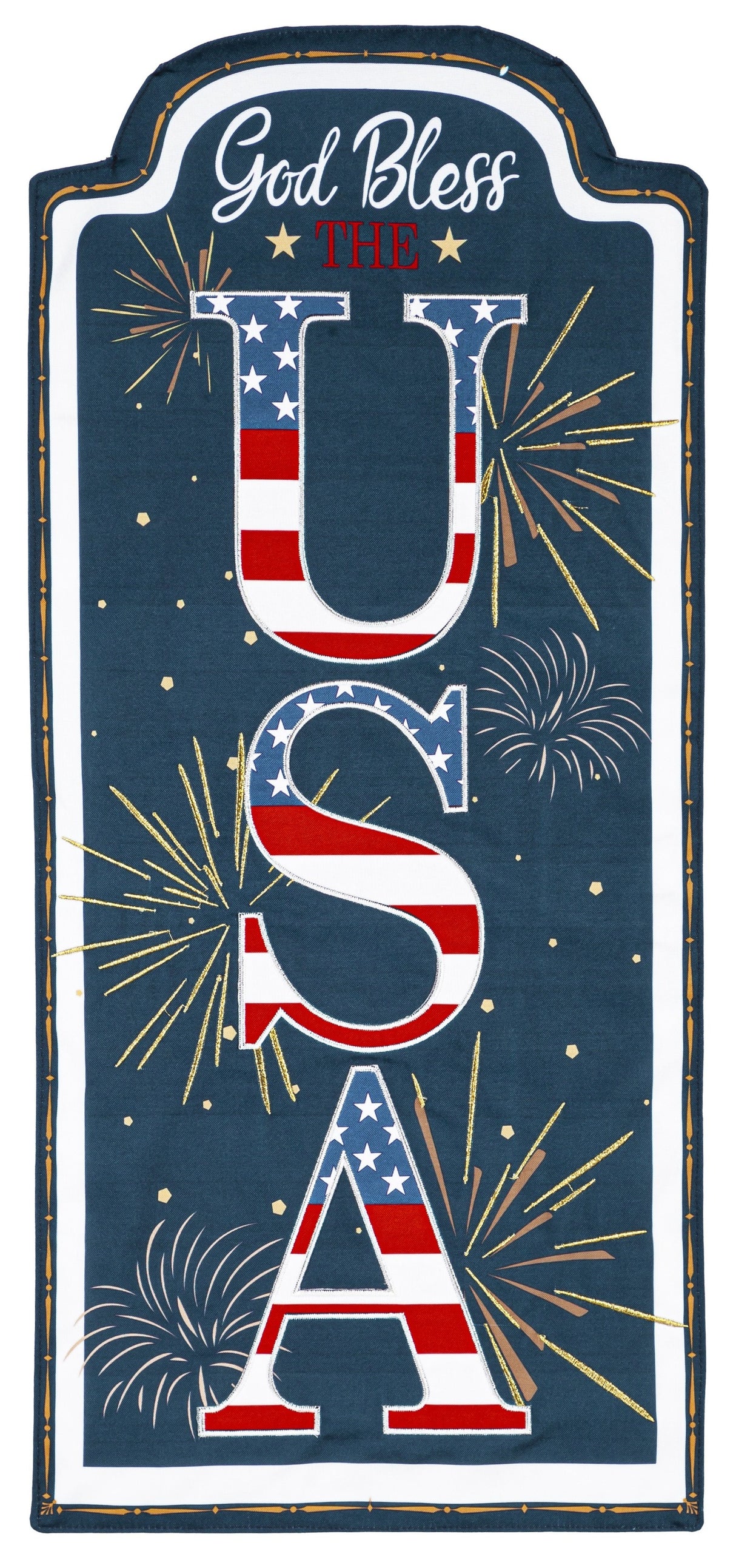 Sign that reads "GOD BLESS THE USA." The background is blue with yellow, white and orange fireworks. The USA is decorated to look like the American flag.