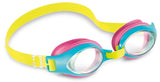Swimming goggles with pink and light blue eye cups with a yellow strap.