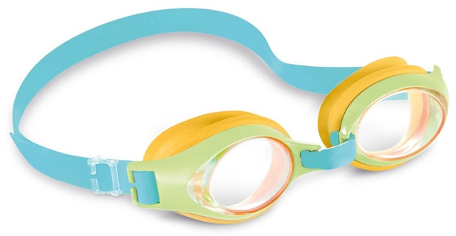 Swimming goggles with lime green and yellow eye cups and a light blue strap.