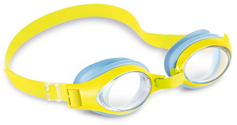 Swimming goggles with light blue and yellow eye cups with a yellow strap.