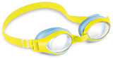 Swimming goggles with light blue and yellow eye cups with a yellow strap.