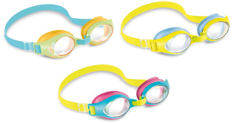Three different colored swim goggles.