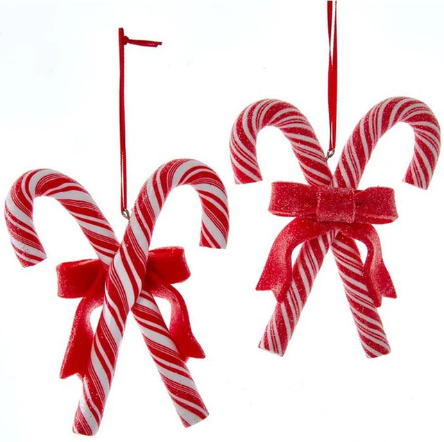 Ornaments shaped like candy canes criss-crossing.