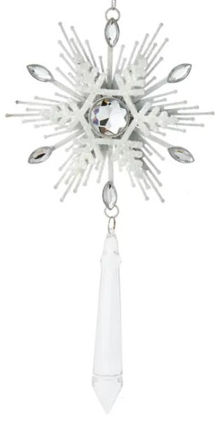 Snowflake shaped ornaments with hanging diamond accents.