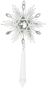 Snowflake shaped ornaments with hanging diamond accents.