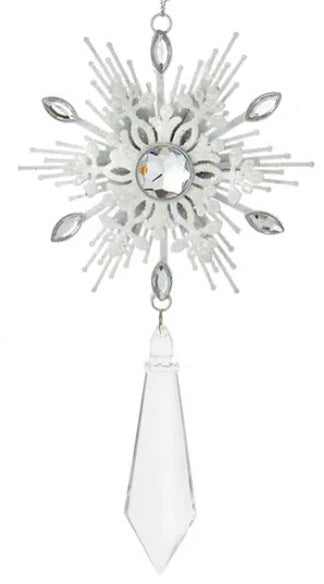 Snowflake shaped ornaments with hanging diamond accents.