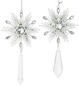 Snowflake shaped ornaments with hanging diamond accents.