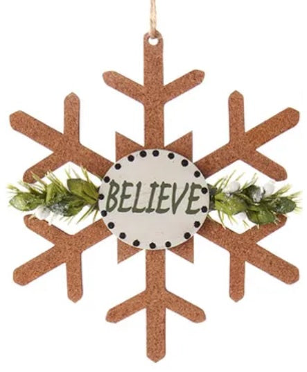 4.5" Wooden Cork Sage Snowflake with Sentiment Ornament
