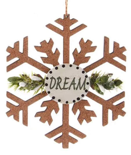 4.5" Wooden Cork Sage Snowflake with Sentiment Ornament