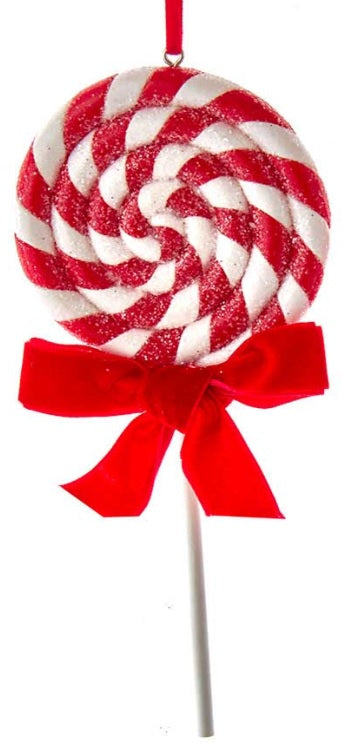 Ornaments shaped like red and white peppermint lollipops.