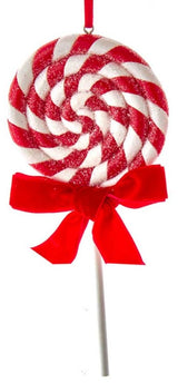 Ornaments shaped like red and white peppermint lollipops.