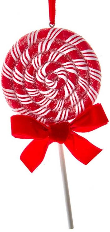 Ornaments shaped like red and white peppermint lollipops.