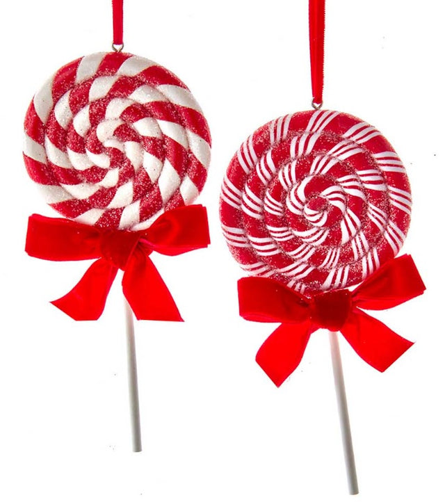 Ornaments shaped like red and white peppermint lollipops.