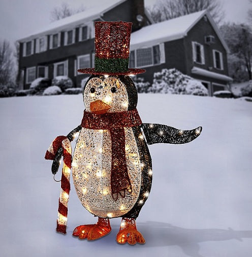 36" LED Acrylic Penguin Holding Candy Cane Outdoor Decoration