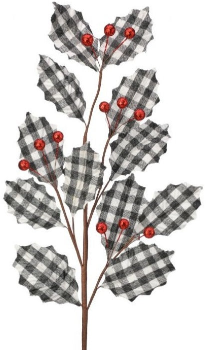 27" Country Buffalo Check Holly Pick Spray with Red Berries