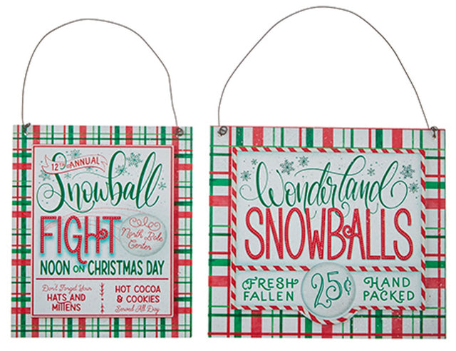Festive sign decorations for winter. Both signs have a white, green and red plaid border and a mixture of cursive and sans serif fonts.