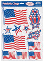 Patriotic window cling decorations. They're all red, white and blue. Some look like flags, some look like stars and some look like stars with fireworks.