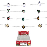 This image shows the different light strings against a white background. One option features warm white lighted snowflakes. One option features red and blue lighted presents. One option features pure white lighted snowmen wearing top hats.