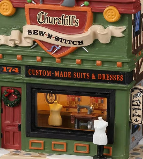 Lemax Caddington Village Lighted Building: Churchill’s Sew-N-Stitch #25900