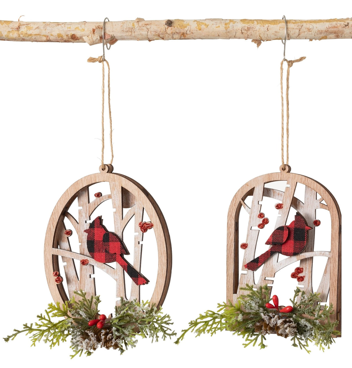 4.75" Wooden Cutout Tree Ornament with a Buffalo Check Cardinal